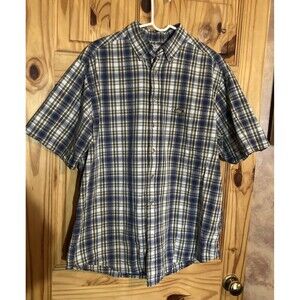 Carhartt Men Blue White Plaid 100% Cotton Short Sleeves Button Down Shirt Large
